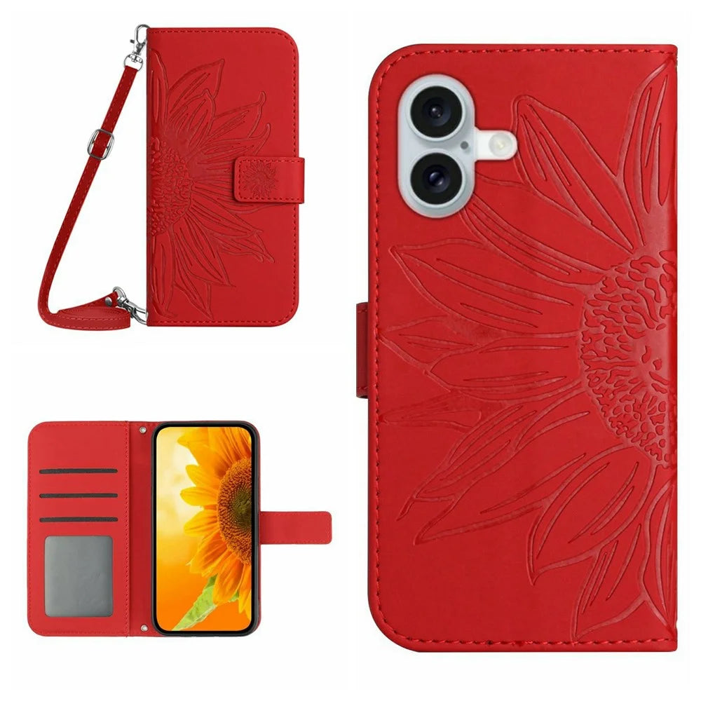 For iPhone 17 Case Sunflower Imprint PU Leather Phone Cover with Long Strap - Red - 1