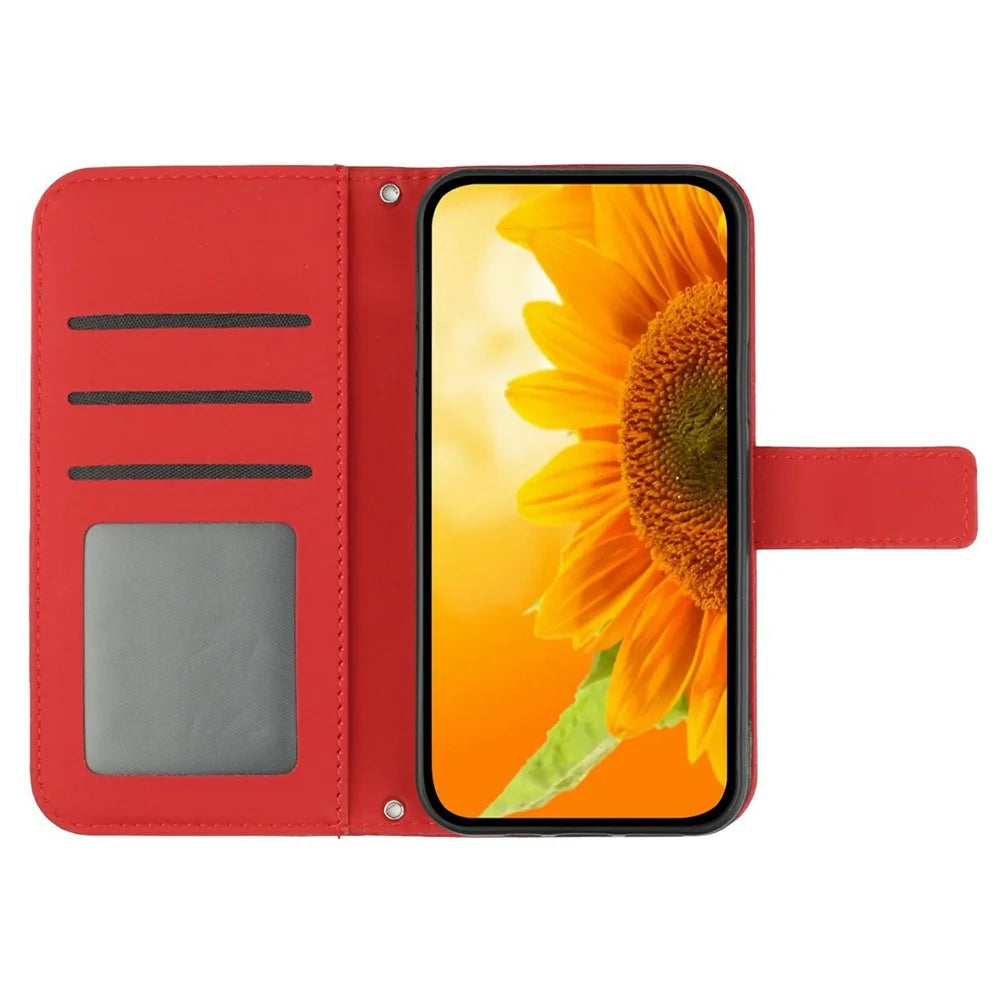 For iPhone 17 Case Sunflower Imprint PU Leather Phone Cover with Long Strap - Red - 2