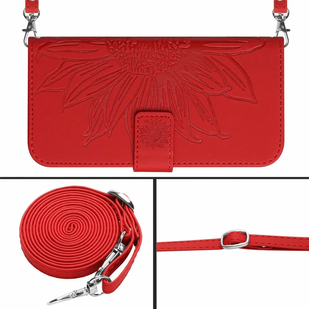 For iPhone 17 Case Sunflower Imprint PU Leather Phone Cover with Long Strap - Red - 7