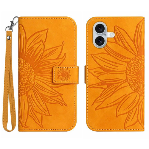 For iPhone 17 Case Sunflower Imprint Leather Wallet Phone Cover with Wrist Strap - Yellow - 1