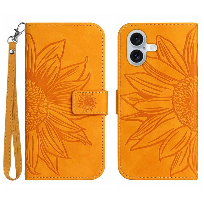 For iPhone 17 Case Sunflower Imprint Leather Wallet Phone Cover with Wrist Strap - Yellow - 1