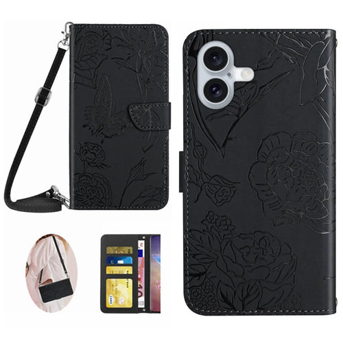 For iPhone 17 Case Butterfly Flower Imprint Leather Phone Cover with Shoulder Strap - Black - 1