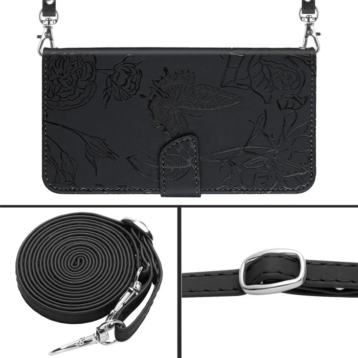 For iPhone 17 Case Butterfly Flower Imprint Leather Phone Cover with Shoulder Strap - Black - 7
