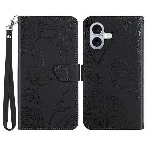 For iPhone 17 Case Butterfly Flower Imprinted Leather Phone Cover with Strap - Black - 1