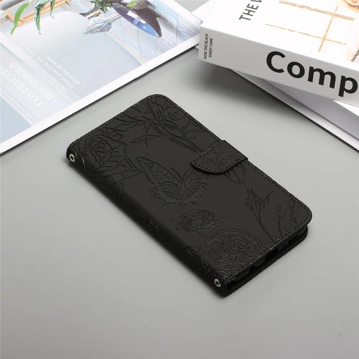 For iPhone 17 Case Butterfly Flower Imprinted Leather Phone Cover with Strap - Black - 7