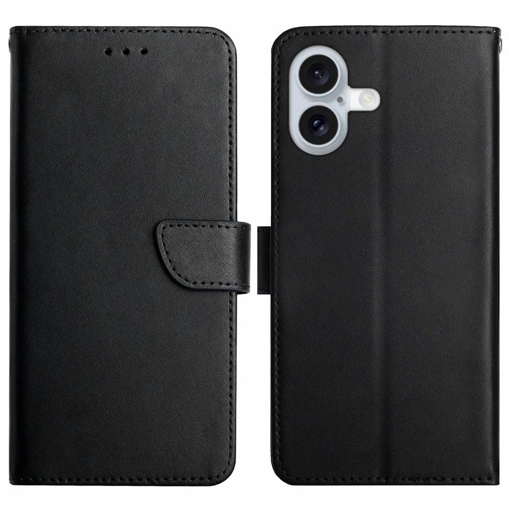 For iPhone 17 Case Genuine Cow Leather Phone Cover Nappa Texture - Black - 1