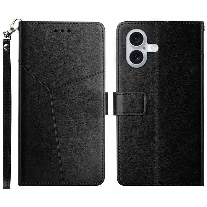 For iPhone 17 Case with Wrist Strap Y Shaped Lines Imprint Leather Phone Cover - Black - 1