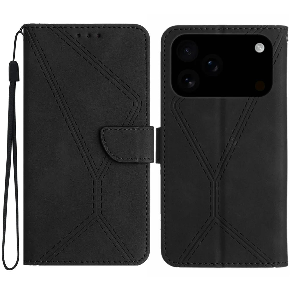 For iPhone 18 Pro / 17 Pro Case Skin Touch Lines Imprinted PU Leather Flip Phone Cover - Black - 1