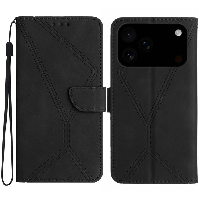 For iPhone 18 Pro / 17 Pro Case Skin Touch Lines Imprinted PU Leather Flip Phone Cover - Black - 1