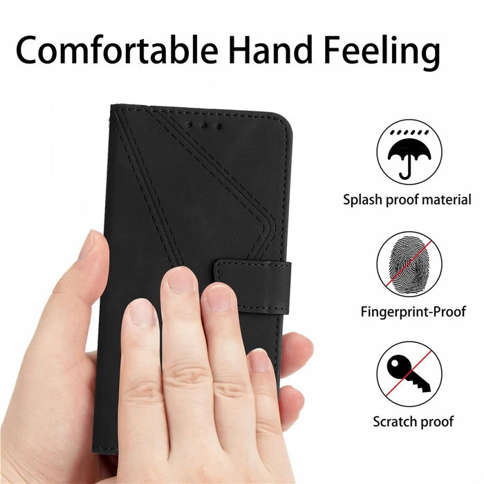 For iPhone 18 Pro / 17 Pro Case Skin Touch Lines Imprinted PU Leather Flip Phone Cover - Black - 5