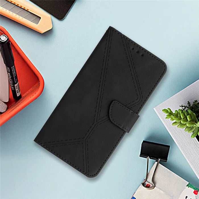 For iPhone 18 Pro / 17 Pro Case Skin Touch Lines Imprinted PU Leather Flip Phone Cover - Black - 7