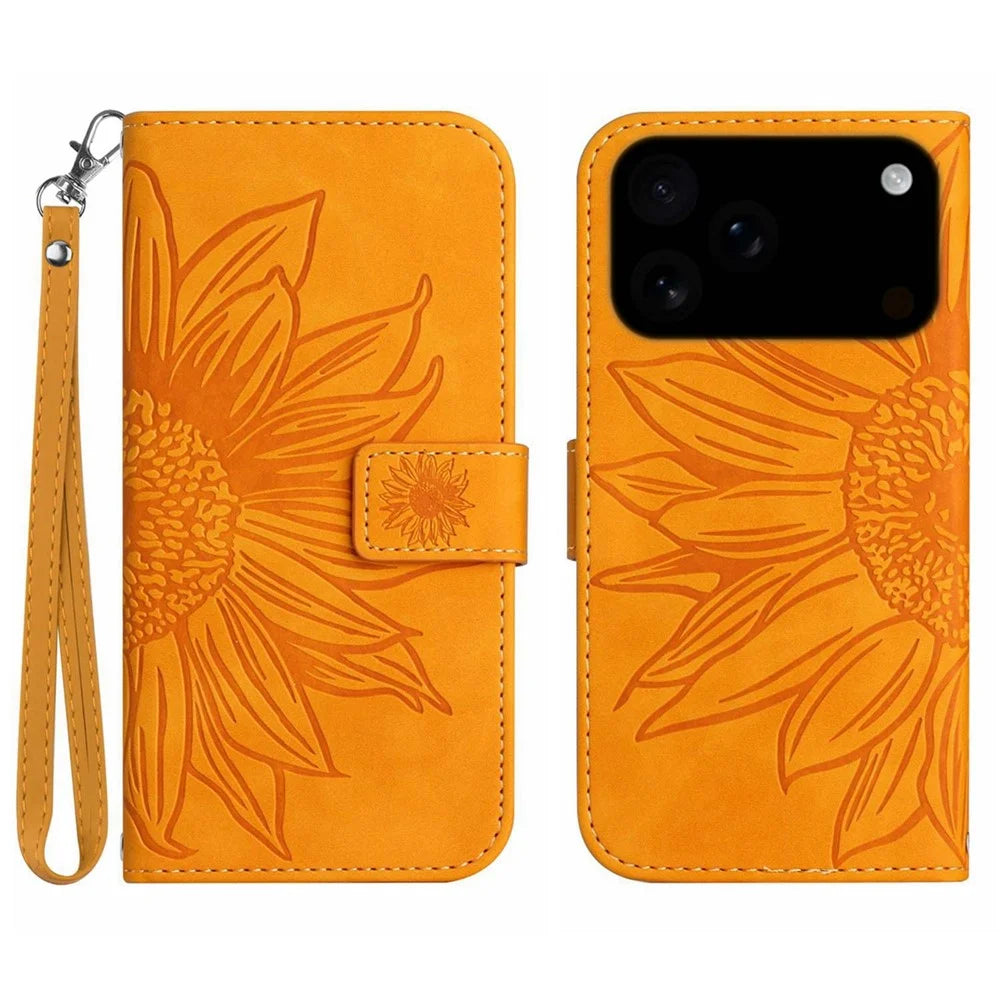 For iPhone 18 Pro / 17 Pro Case Sunflower Imprint Leather Wallet Phone Cover with Wrist Strap - Yellow - 1