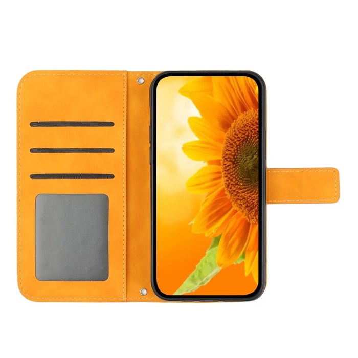 For iPhone 18 Pro / 17 Pro Case Sunflower Imprint Leather Wallet Phone Cover with Wrist Strap - Yellow - 2