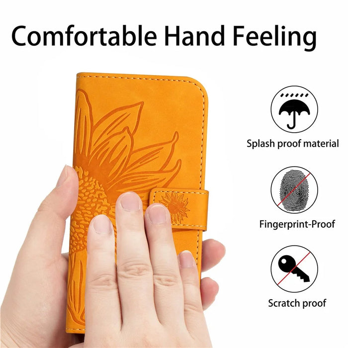 For iPhone 18 Pro / 17 Pro Case Sunflower Imprint Leather Wallet Phone Cover with Wrist Strap - Yellow - 4