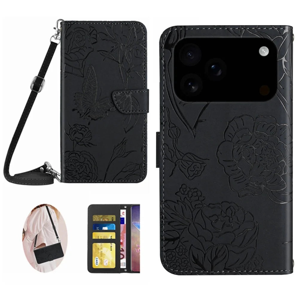 For iPhone 18 Pro / 17 Pro Case Butterfly Flower Imprint Leather Phone Cover with Shoulder Strap - Black - 1