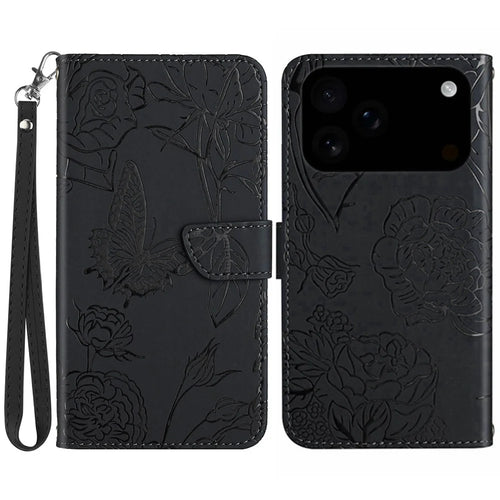 For iPhone 18 Pro / 17 Pro Case Butterfly Flower Imprinted Leather Phone Cover with Strap - Black - 1
