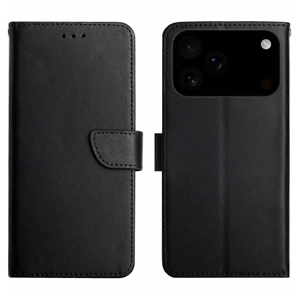For iPhone 18 Pro / 17 Pro Case Genuine Cow Leather Phone Cover Nappa Texture - Black - 1