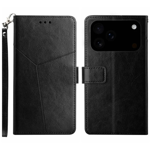 For iPhone 18 Pro / 17 Pro Case with Wrist Strap Y Shaped Lines Imprint Leather Phone Cover - Black - 1