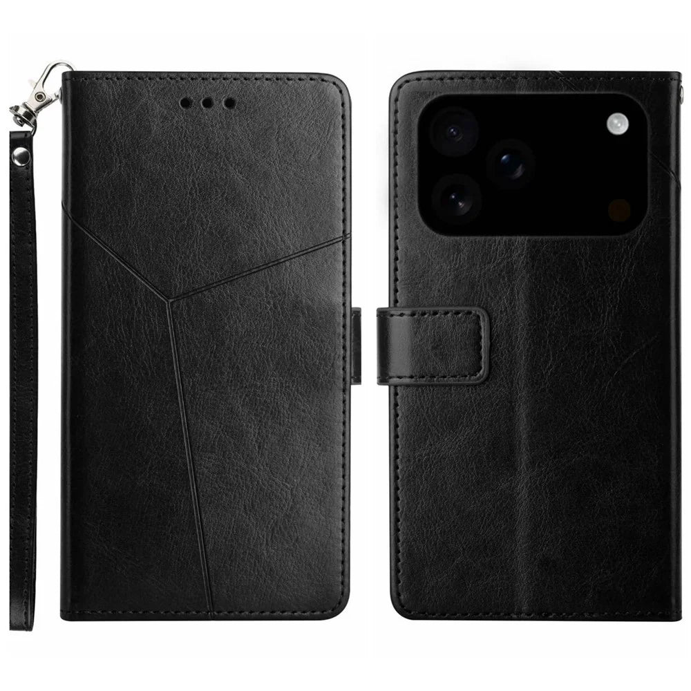 For iPhone 18 Pro / 17 Pro Case with Wrist Strap Y Shaped Lines Imprint Leather Phone Cover - Black - 1