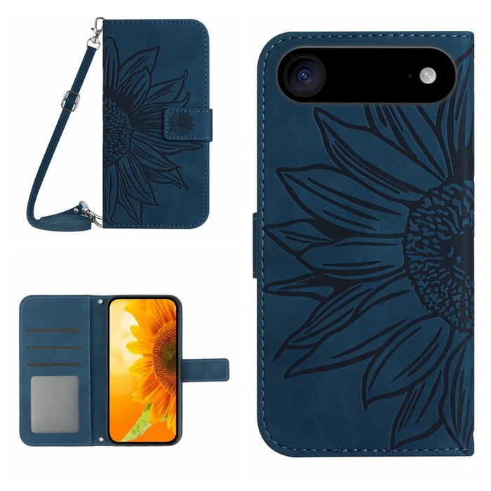 For iPhone Air Case Sunflower Imprint PU Leather Phone Cover with Long Strap - Dark Blue - 1