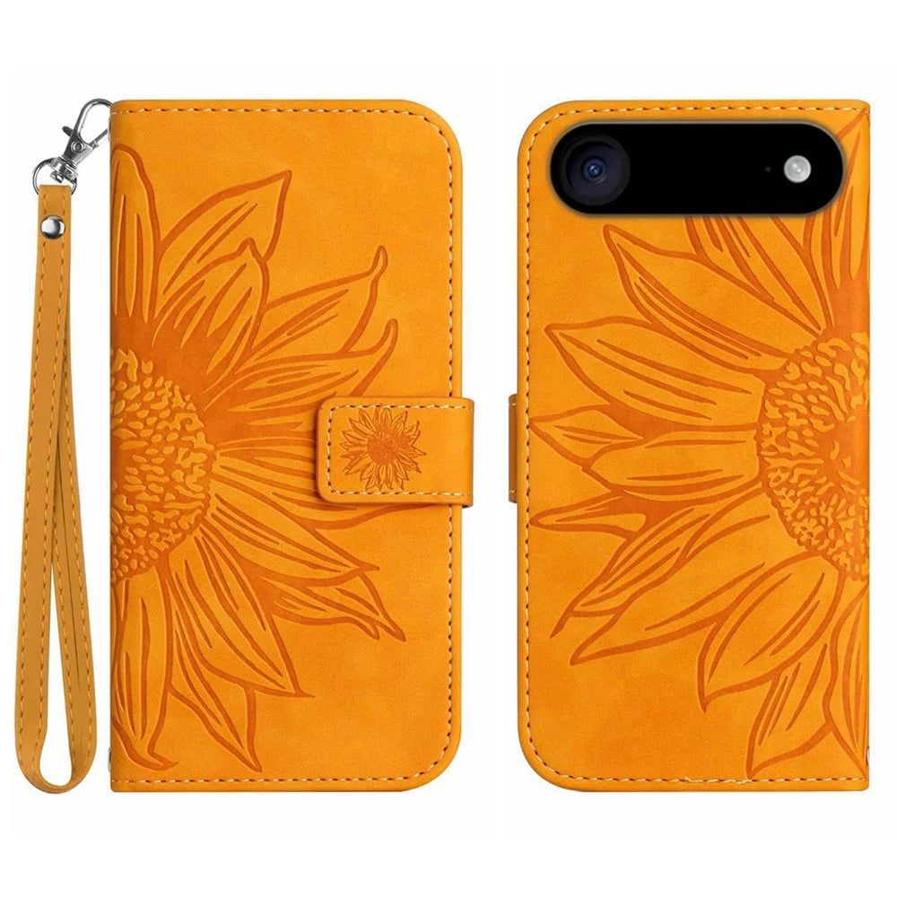 For iPhone Air Case Sunflower Imprint Leather Wallet Phone Cover with Wrist Strap - Yellow - 1