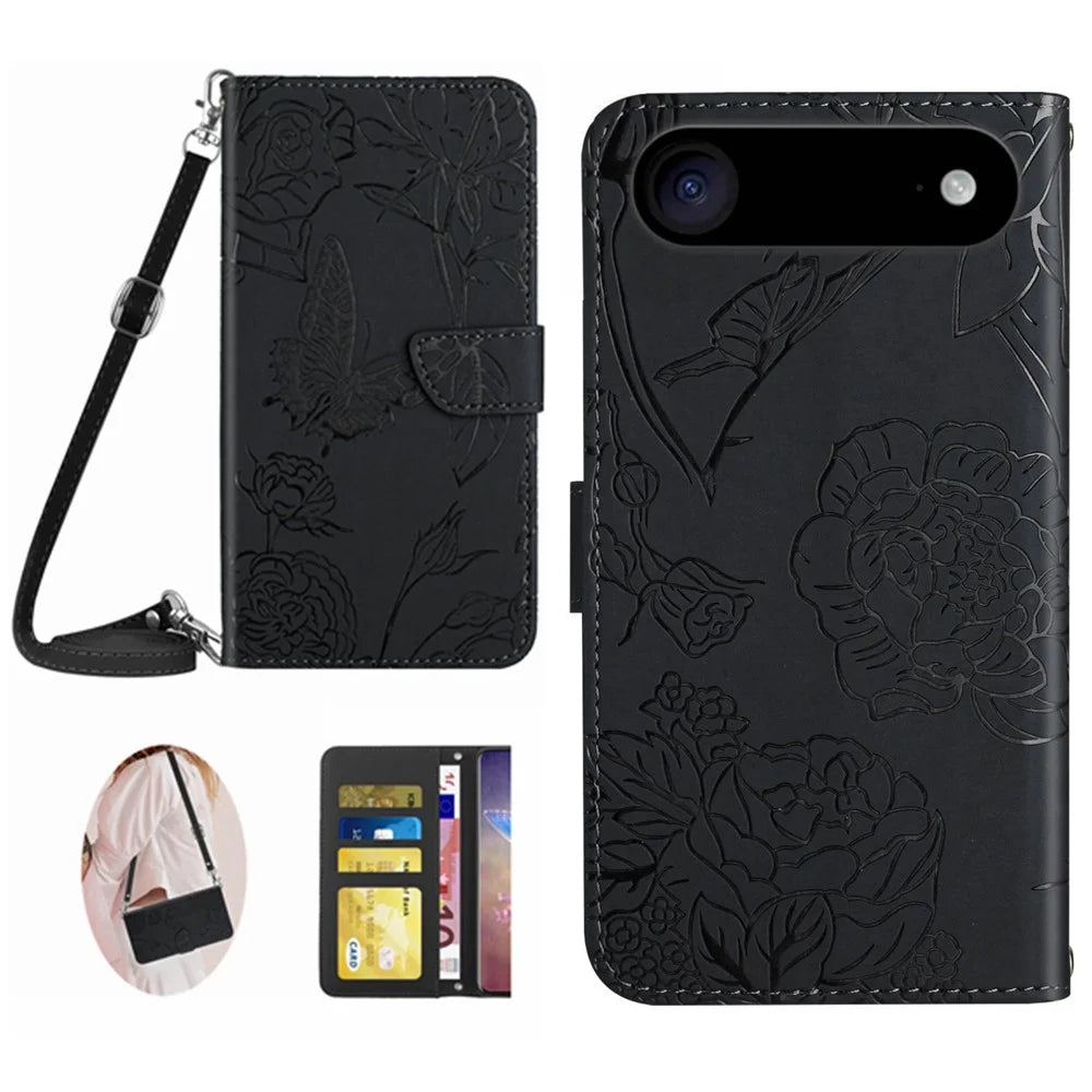 For iPhone Air Case Butterfly Flower Imprint Leather Phone Cover with Shoulder Strap - Black - 1