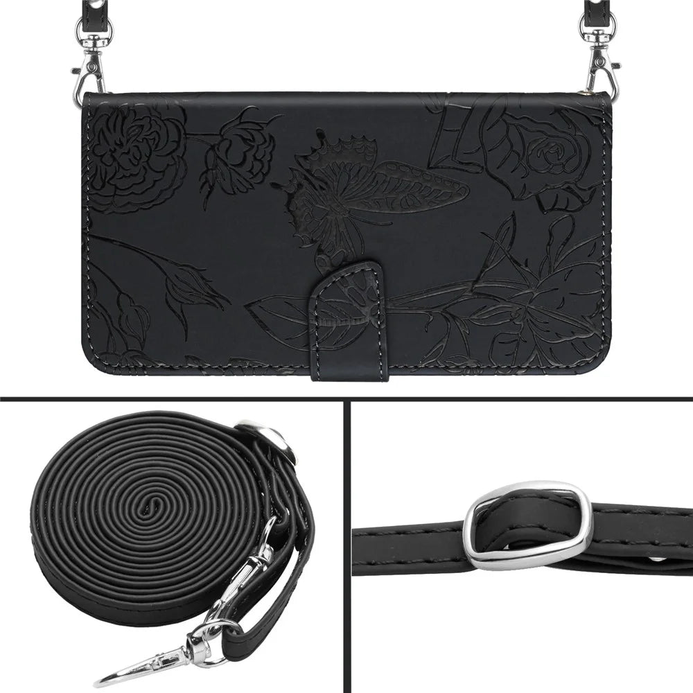 For iPhone Air Case Butterfly Flower Imprint Leather Phone Cover with Shoulder Strap - Black - 7