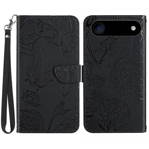 For iPhone Air Case Butterfly Flower Imprinted Leather Phone Cover with Strap - Black - 1
