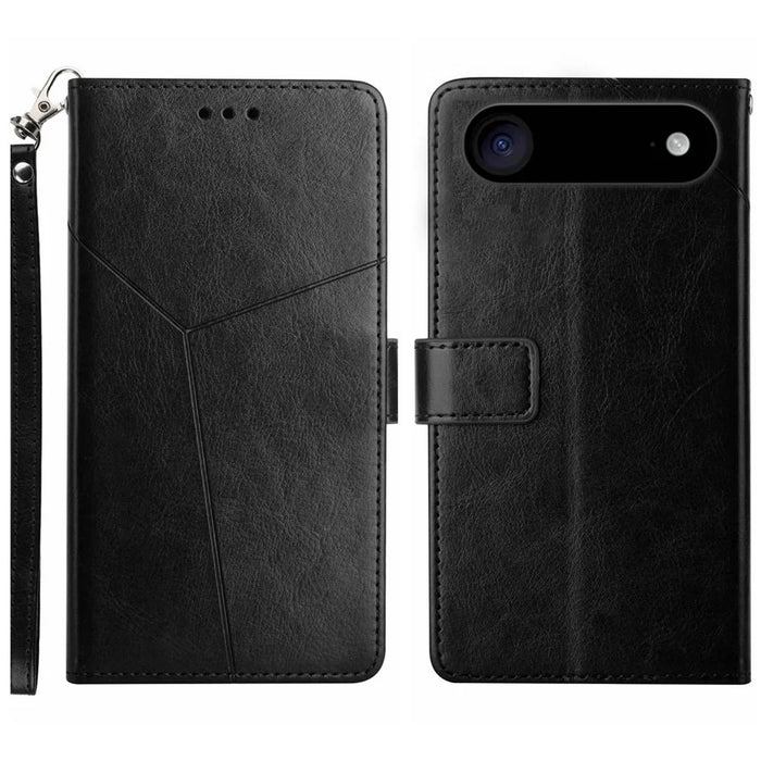 For iPhone Air Case with Wrist Strap Y Shaped Lines Imprint Leather Phone Cover - Black - 1