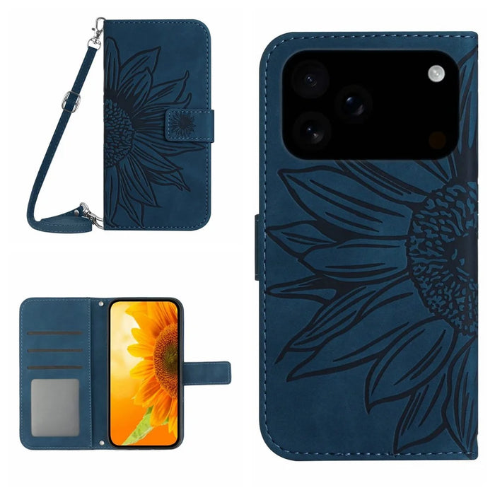 For iPhone 18 Pro Max / 17 Pro Max Case Sunflower Imprint PU Leather Phone Cover with Long Strap - Dark Blue - 1
