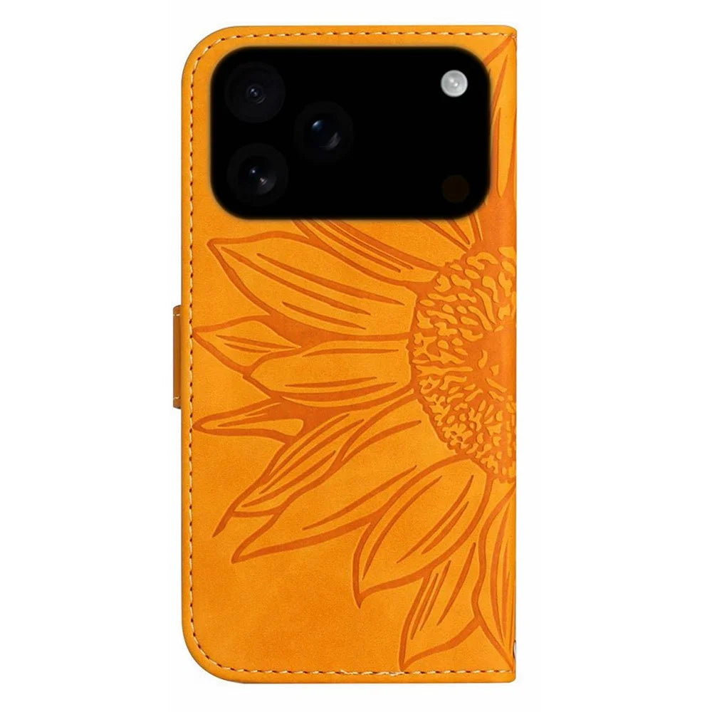 For iPhone 18 Pro Max / 17 Pro Max Case Sunflower Imprint Leather Wallet Phone Cover with Wrist Strap - Yellow - 7