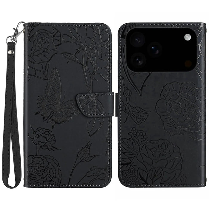 For iPhone 18 Pro Max / 17 Pro Max Case Butterfly Flower Imprinted Leather Phone Cover with Strap - Black - 1