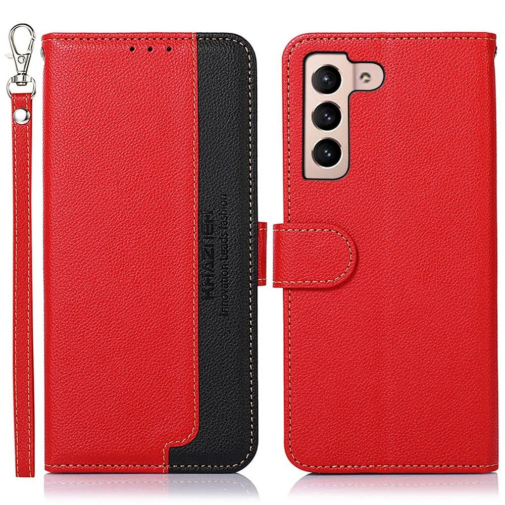 KHAZNEH For Samsung Galaxy S23 RFID Blocking Litchi Texture Phone Case Full Protection PU Leather Foldable Stand Wallet Cover - Red - 1
