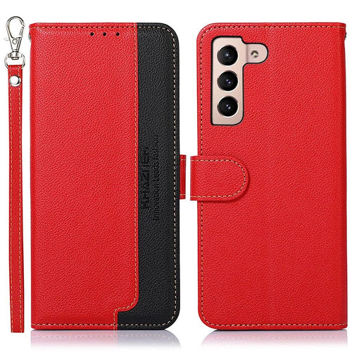 KHAZNEH For Samsung Galaxy S23 RFID Blocking Litchi Texture Phone Case Full Protection PU Leather Foldable Stand Wallet Cover - Red - 1