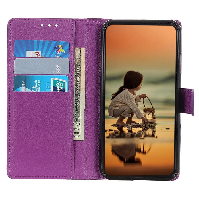 PU Leather Phone Case For Samsung Galaxy S23, Litchi Texture Flip Wallet Cover with Foldable Stand - Purple - 3