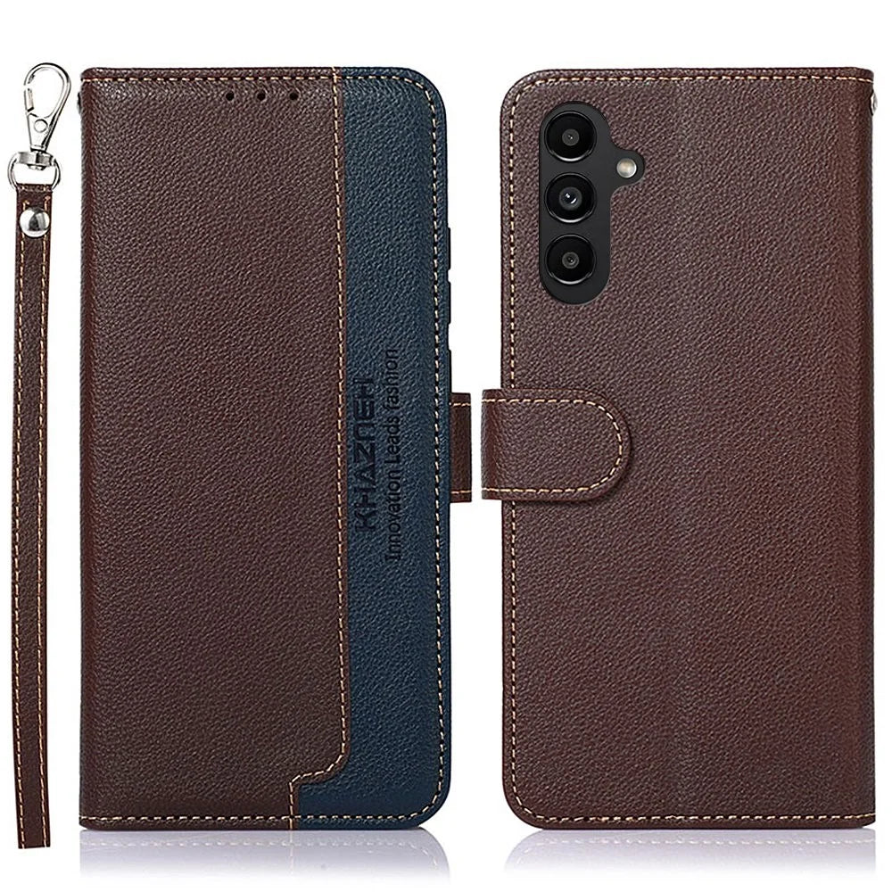 KHAZNEH For Samsung Galaxy A14 5G / A14 4G Litchi Texture PU Leather Shockproof Case RFID Blocking Cellphone Stand Wallet Cover - Brown - 1