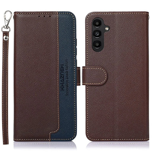 KHAZNEH For Samsung Galaxy A14 5G / A14 4G Litchi Texture PU Leather Shockproof Case RFID Blocking Cellphone Stand Wallet Cover - Brown - 1