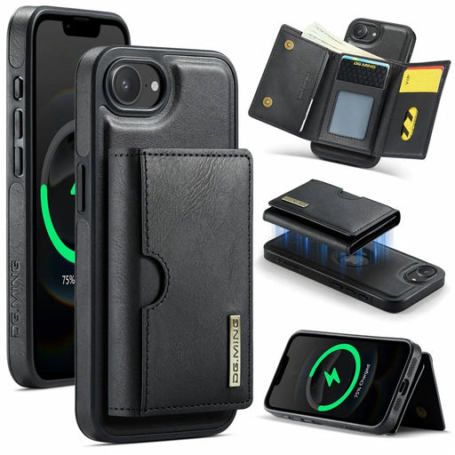 DG.MING M6 Series For iPhone 17e / 16e Case Magnetic Wallet PU + PC + TPU Phone Cover - Black - 1
