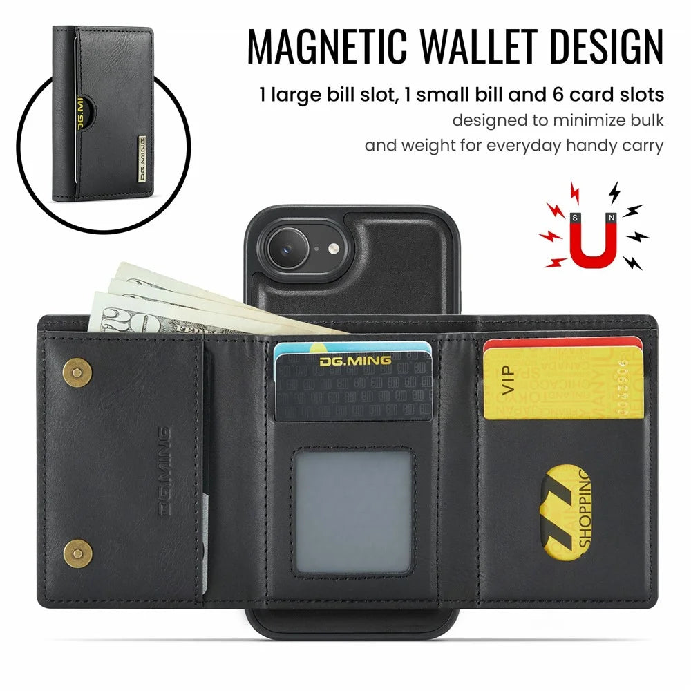 DG.MING M6 Series For iPhone 17e / 16e Case Magnetic Wallet PU + PC + TPU Phone Cover - Black - 5
