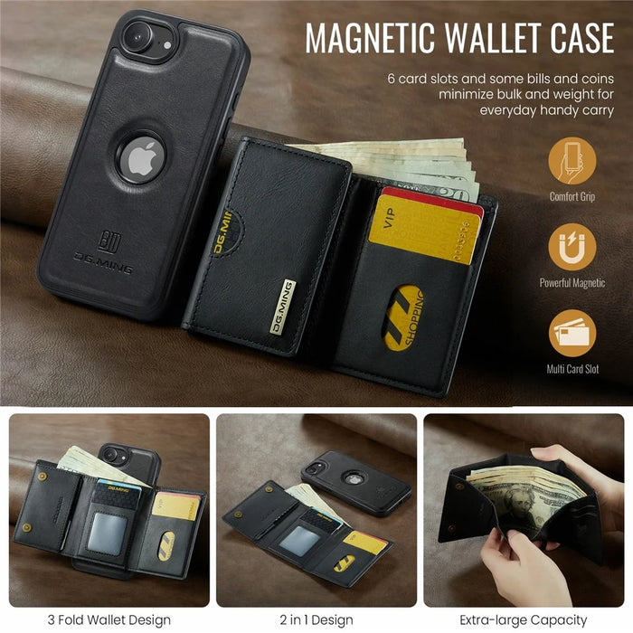 DG.MING M6 Series For iPhone 17e / 16e Case Magnetic Wallet PU + PC + TPU Phone Cover - Black - 7