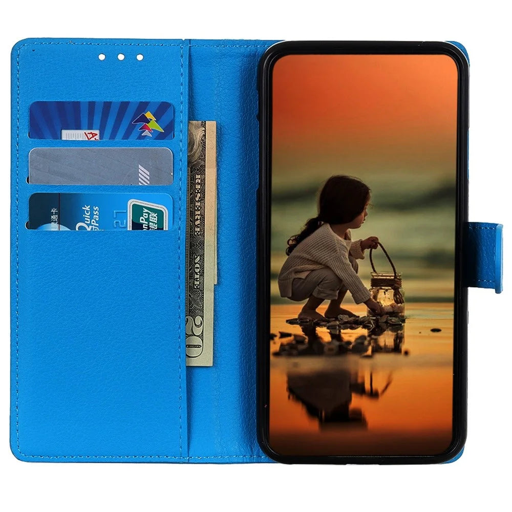 Drop-proof Cell Phone Case For Samsung Galaxy A14 5G / A14 4G , Litchi Texture Wallet Phone Cover PU Leather Stand Protective Shell - Blue - 3