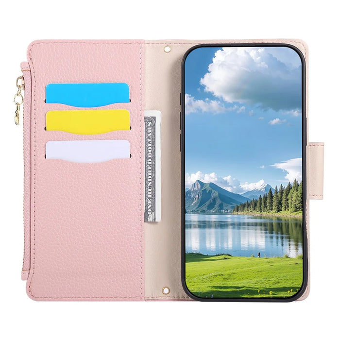 For iPhone 16 Pro Max Case Zipper Wallet Leather Phone Cover with Wrist Strap - Pink - 2