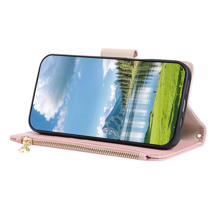 For iPhone 16 Pro Max Case Zipper Wallet Leather Phone Cover with Wrist Strap - Pink - 3