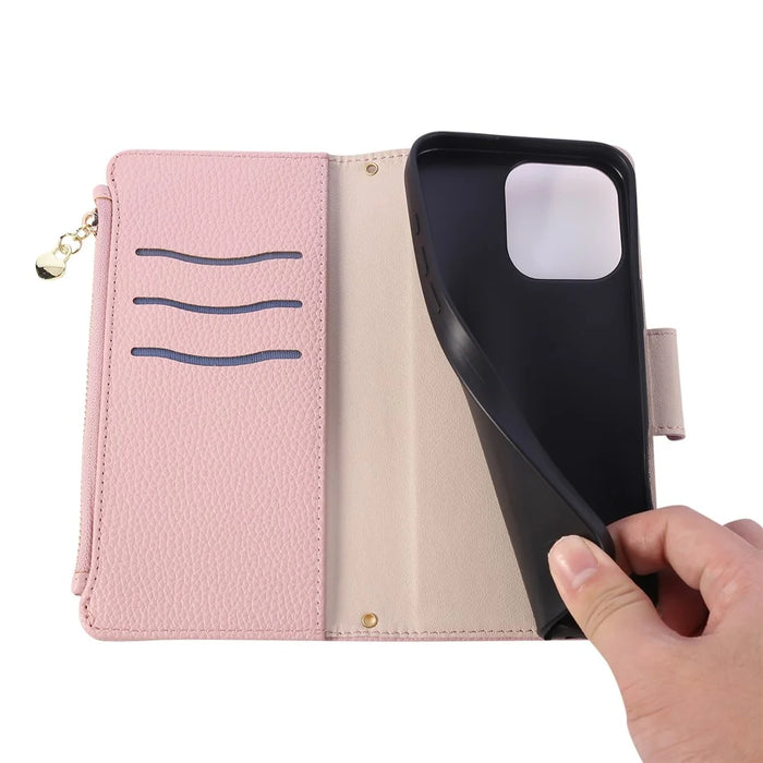 For iPhone 16 Pro Max Case Zipper Wallet Leather Phone Cover with Wrist Strap - Pink - 6