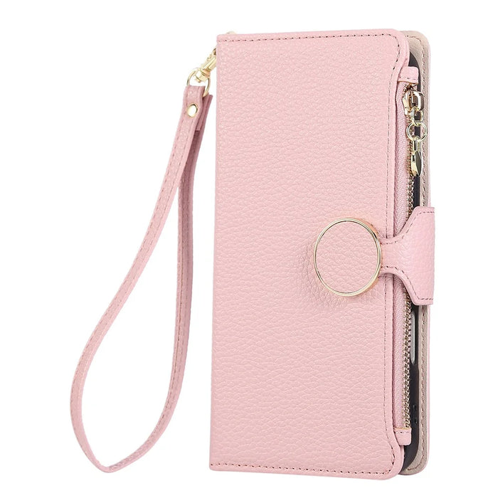 For iPhone 16 Pro Max Case Zipper Wallet Leather Phone Cover with Wrist Strap - Pink - 7