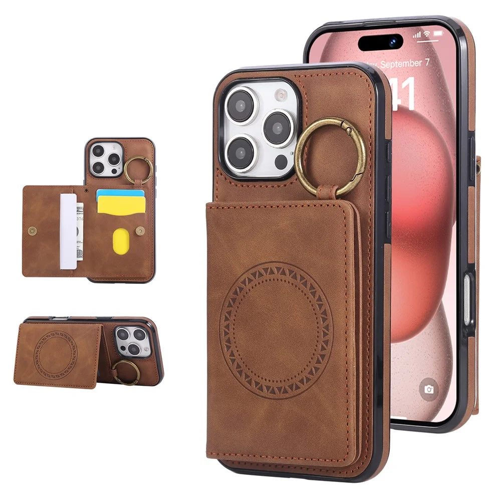 For iPhone 16 Pro Max Case Card Holder Kickstand Leather + TPU Phone Cover with Ring Holder - Brown - 1