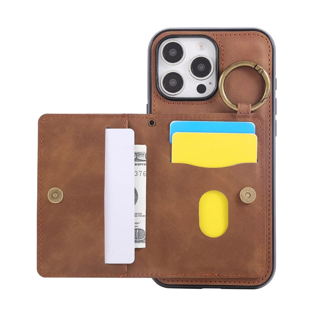 For iPhone 16 Pro Max Case Card Holder Kickstand Leather + TPU Phone Cover with Ring Holder - Brown - 4