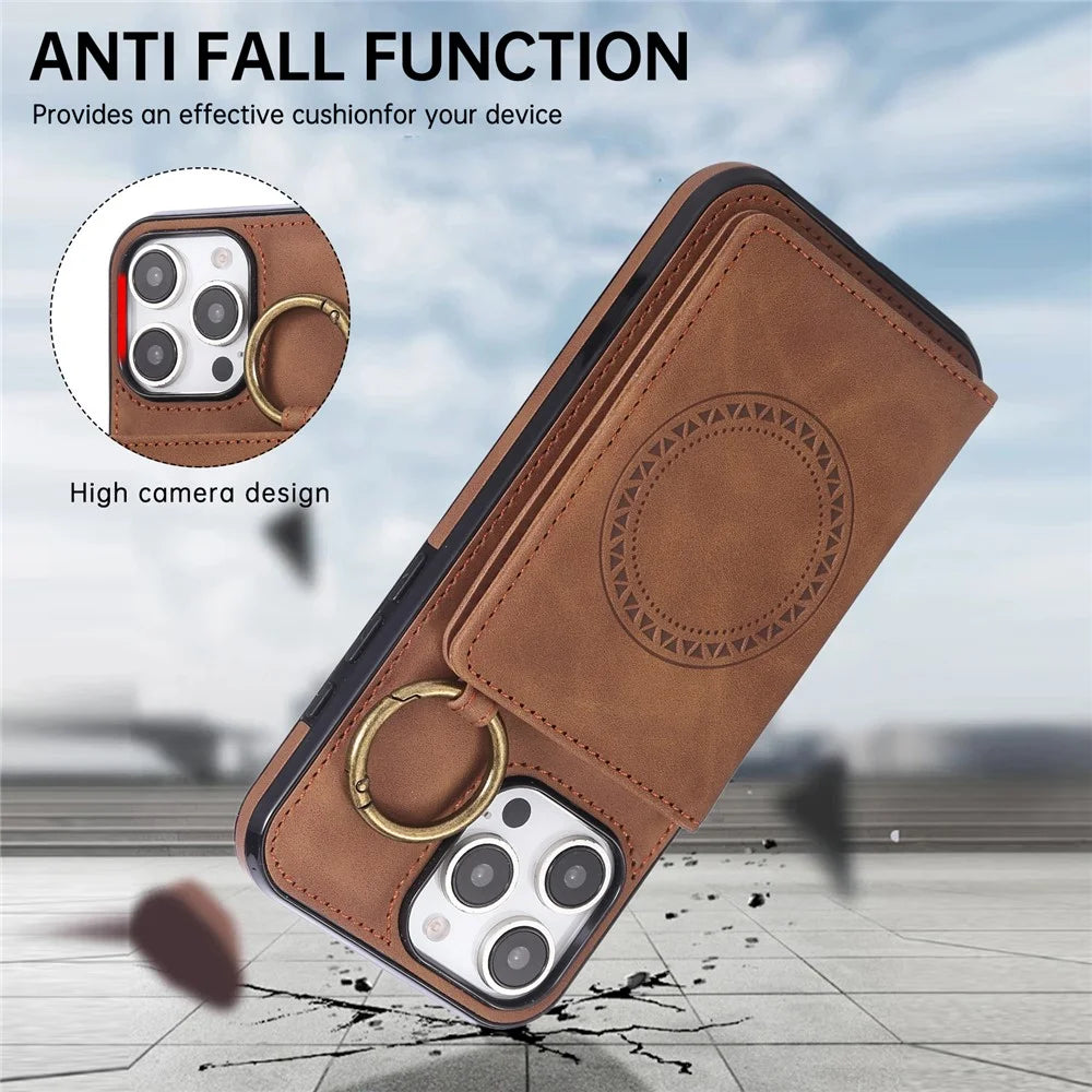 For iPhone 16 Pro Max Case Card Holder Kickstand Leather + TPU Phone Cover with Ring Holder - Brown - 6