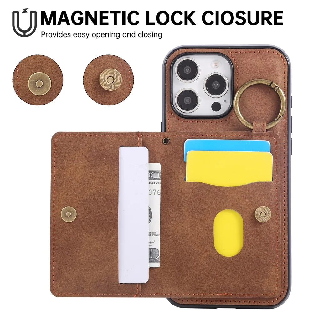 For iPhone 16 Pro Max Case Card Holder Kickstand Leather + TPU Phone Cover with Ring Holder - Brown - 7