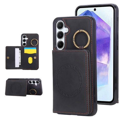 For Samsung Galaxy S24 FE Case Card Holder Kickstand Leather + TPU Phone Cover with Ring Holder - Black - 1
